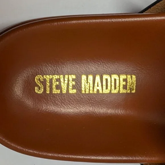 Steve Madden Zina Leather Double Strap and Buckle Sandals in Brown & Gold - Picture 5 of 12